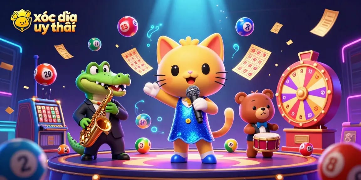 Experience excitement with xóc đĩa uy tín as a jazzy cat sings amidst colorful casino action.