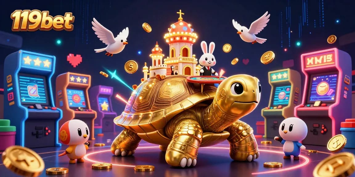 Experience the excitement of 119bet with a colorful 3D casino scene featuring games and rewards.