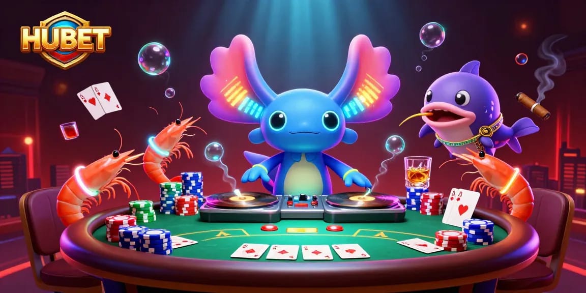 Experience HUBET's vibrant casino atmosphere with a lively DJ axolotl, poker elements, and dynamic sea creatures.