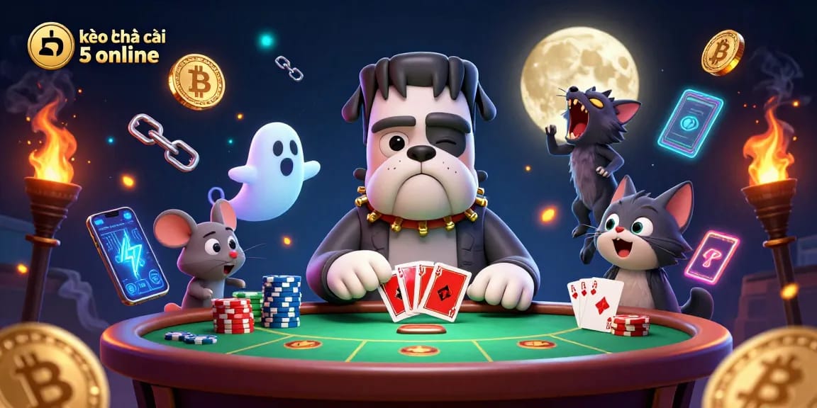 Engage in kèo nhà cái 5 online with a vibrant scene featuring unique characters and casino elements.