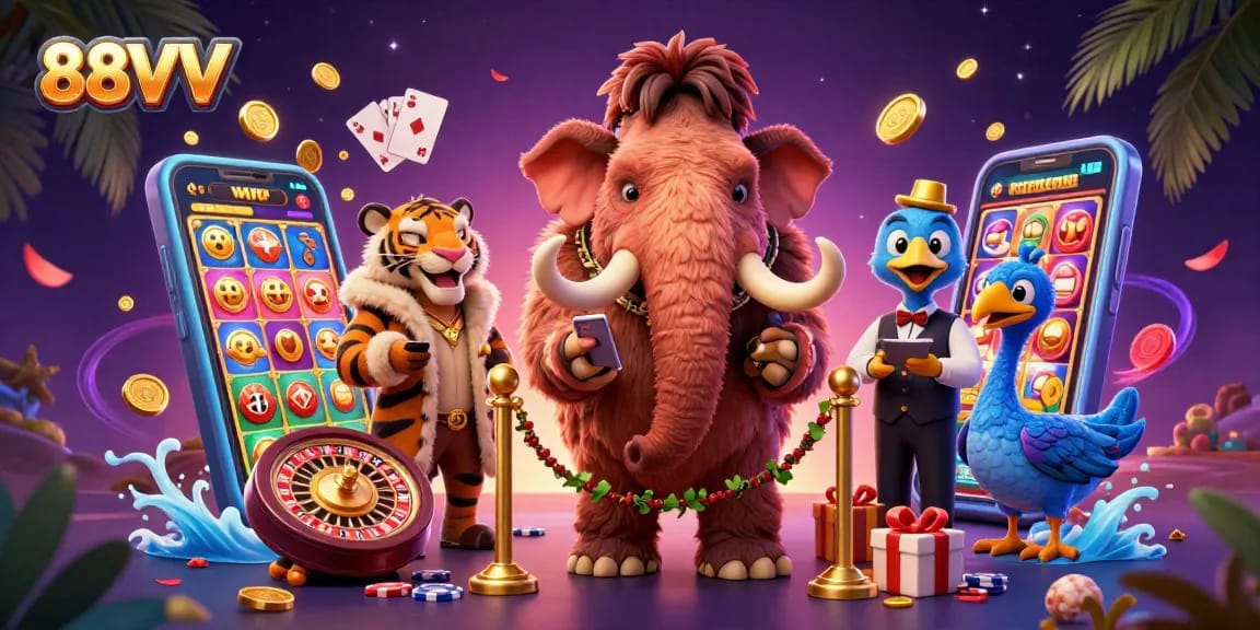 Engage with 88VV's thrilling casino atmosphere featuring diverse gaming experiences and characters.