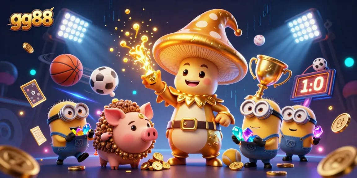 Experience the excitement of GG88 with magical treasures and dynamic sports elements in this vibrant illustration.