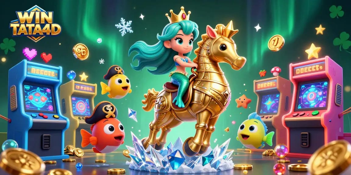 Experience the enchantment of WIN TATA4D with vibrant visuals of a mermaid, seahorse, and arcade elements.