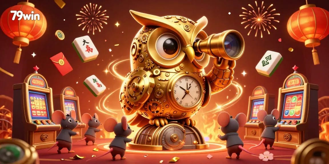Engage with the dynamic 79win casino scene featuring a golden owl and lively slot machines.
