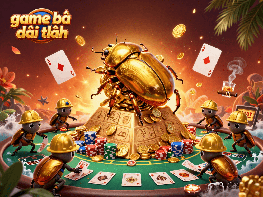 Engage in thrilling game bài đổi thưởng with a 3D illustration of golden dung beetles at a lively casino scene.
