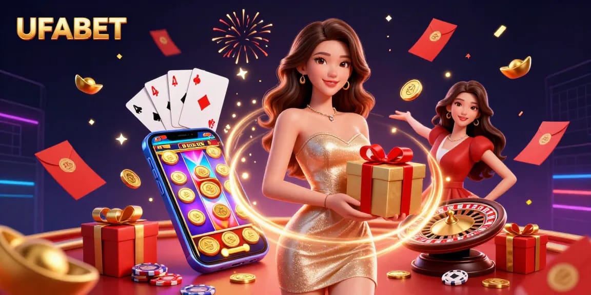Experience the excitement of UFABET with vibrant casino elements, festive characters, and stunning visuals.