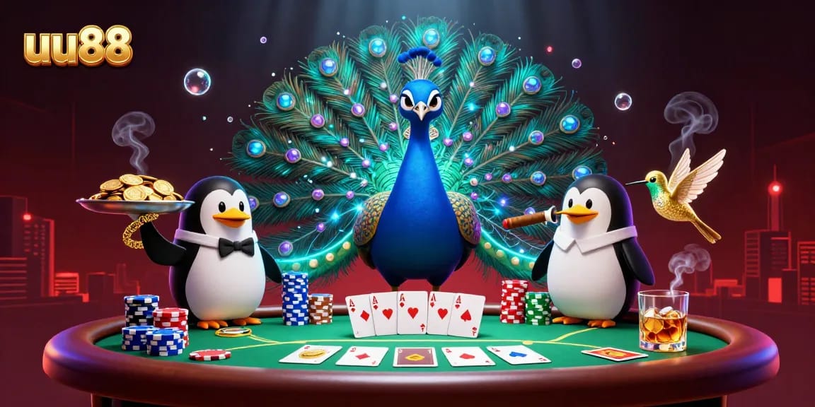 Engage with the excitement of uu88's dynamic casino scene featuring rich poker elements and lively characters.