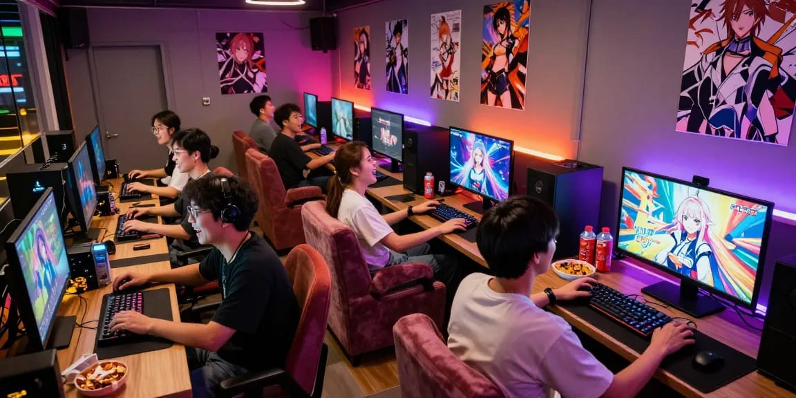 Engaging gamers enjoying hentai games in a vibrant lounge setting.