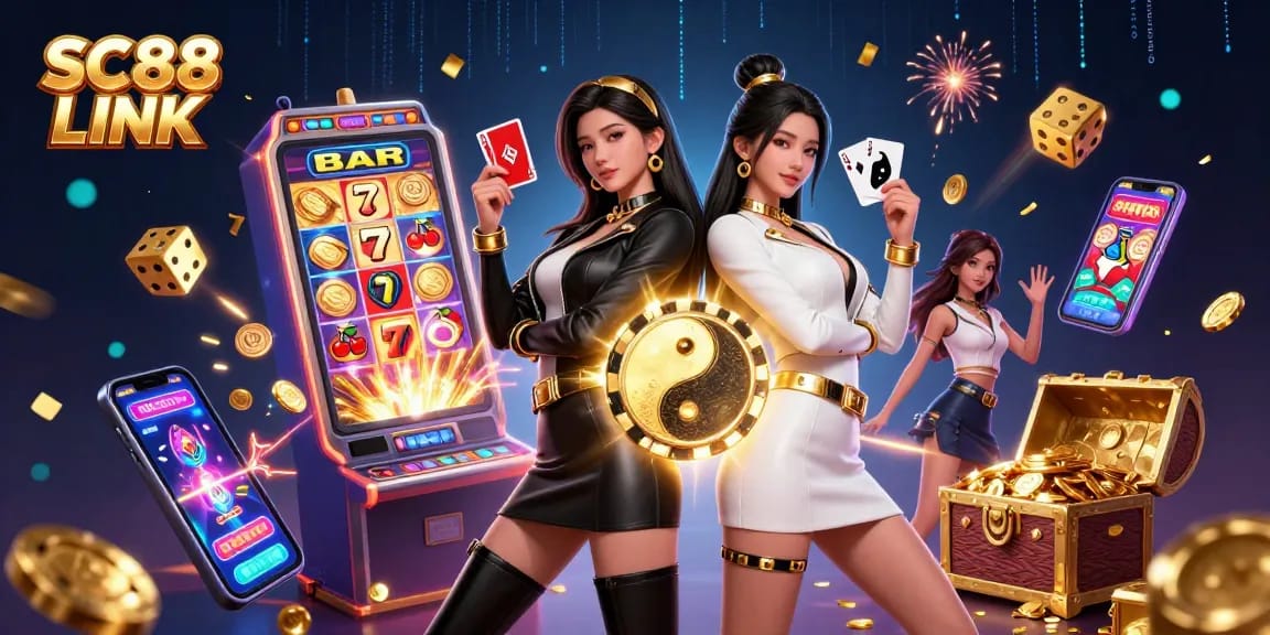 Experience SC88 LINK with vibrant twin characters in a dynamic casino scene showcasing excitement and winning.