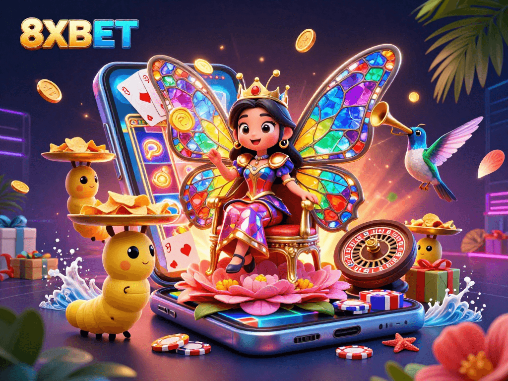 Experience exciting gameplay at 8XBET with vibrant colors, spinning slots, and golden treasures.