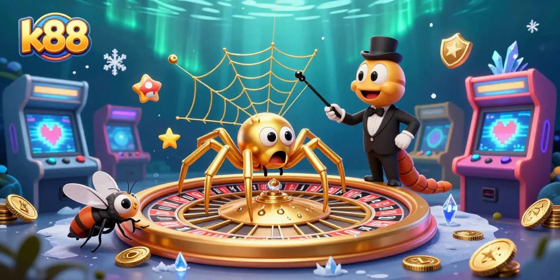 Engage with the k88 casino experience featuring a golden spider creating a roulette wheel web.