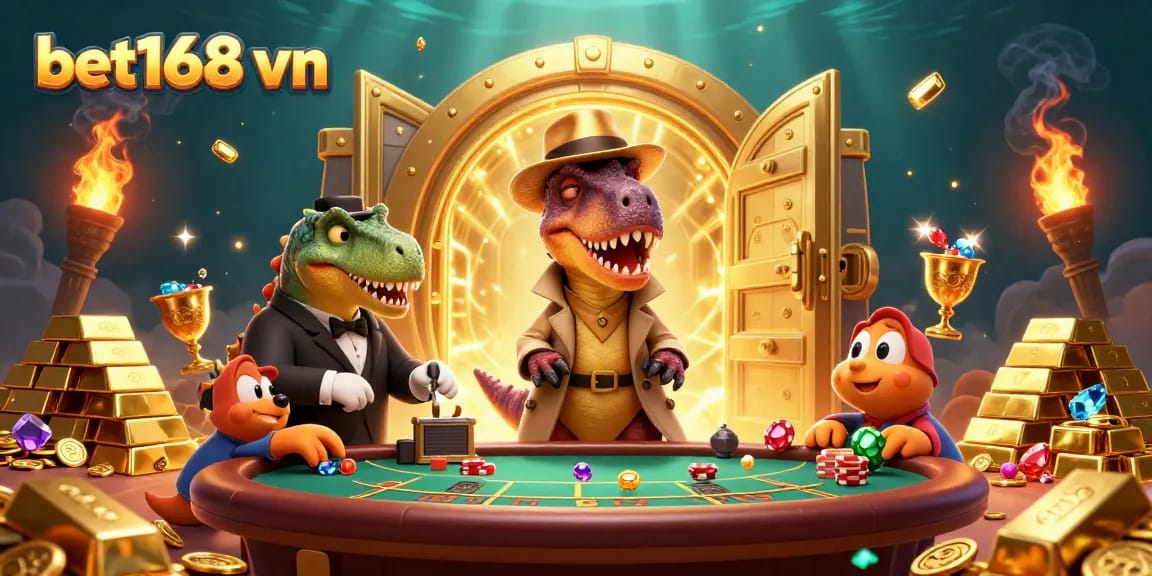 Experience the excitement at bet168 vn with a cartoon velociraptor card counter at a blackjack table surrounded by treasures.