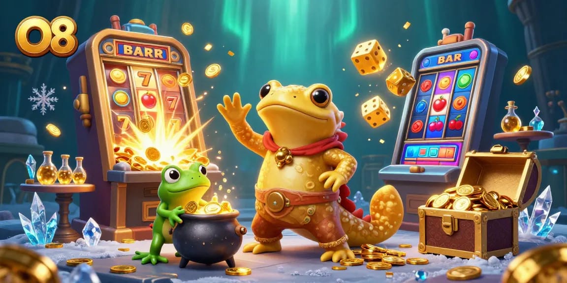 Experience thrilling gameplay at O8 with vibrant slot machine magic and alchemists creating golden wonders.
