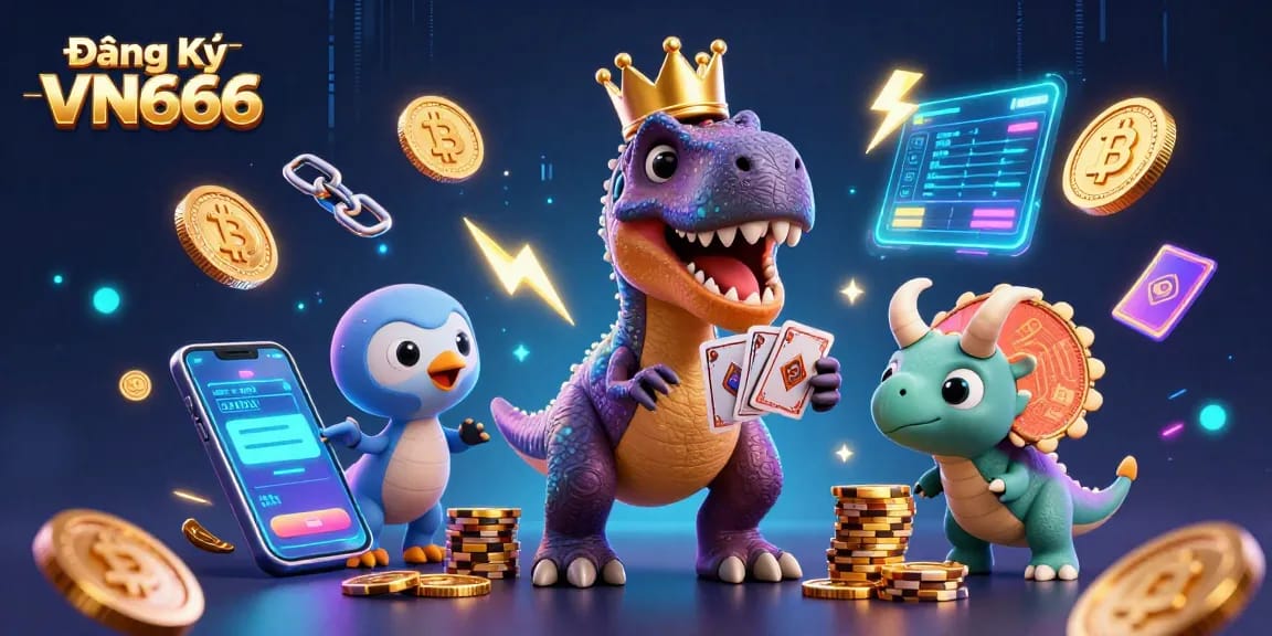 Experience Đăng Ký VN666 for online gambling with a fun dinosaur-themed illustration featuring vibrant casino elements.