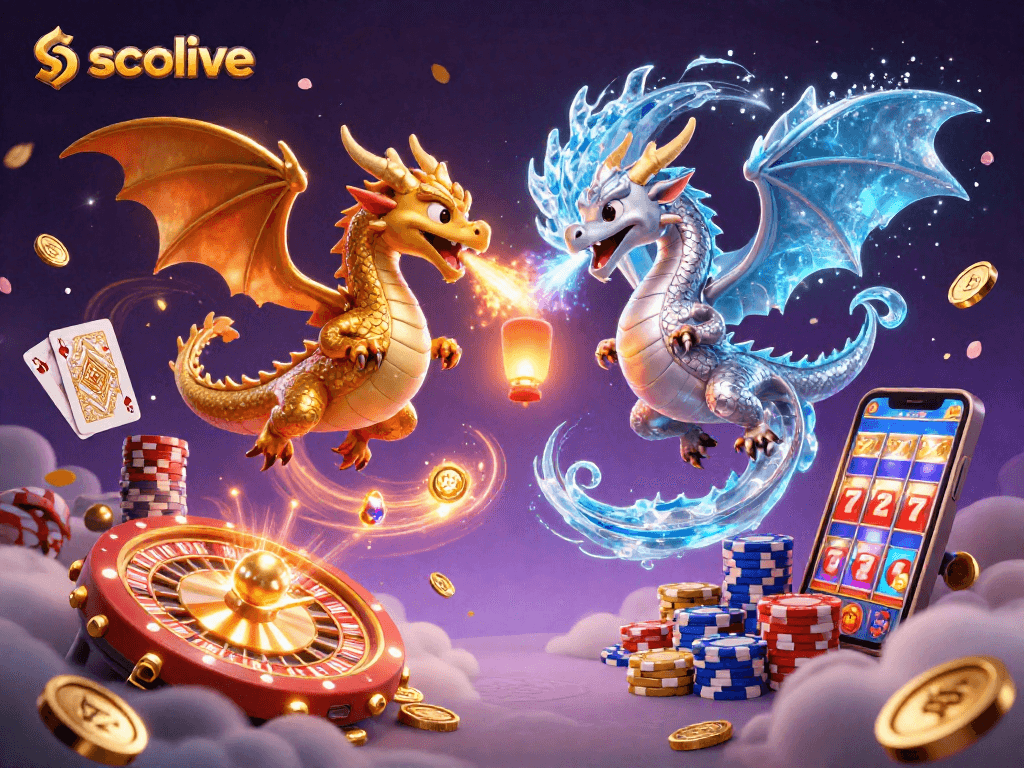 Socolive offers a dynamic gaming experience with dragons, coins, and slot symbols in 3D illustration.