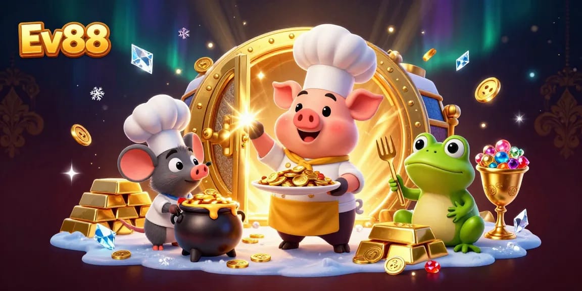 Engage with Ev88's exciting gaming experience featuring gold coins, characters, and vibrant casino elements.