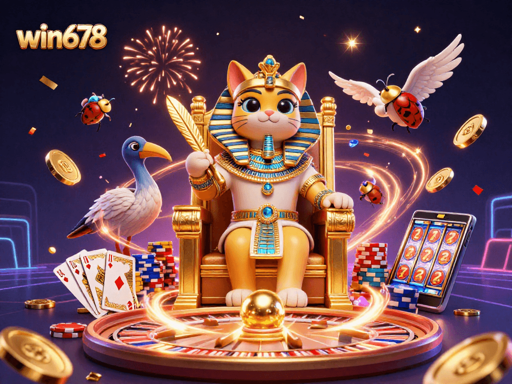 Experience the thrill of win678 with a dynamic illustration featuring a pharaoh cat and casino elements.