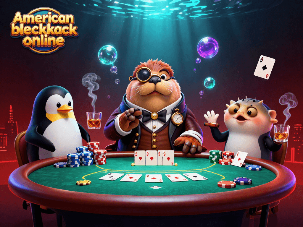 Engage in american blackjack online with a fun 3D cartoon scene of animals playing in a vibrant casino atmosphere.