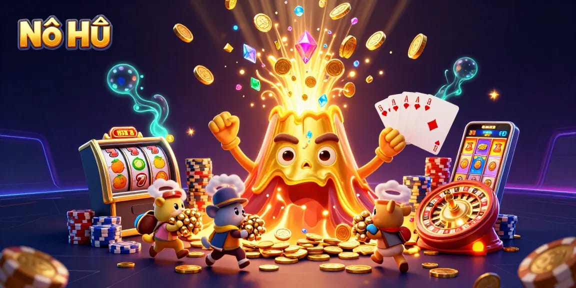 Nổ Hũ showcases a vibrant 3D illustration of a golden volcano erupting treasures, emphasizing jackpot excitement and action.