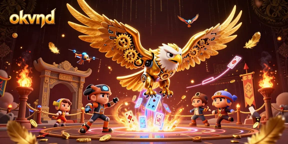 Experience thrilling gameplay with okvnd as the cybernetic eagle dives through holographic playing cards in a dynamic casino environment.