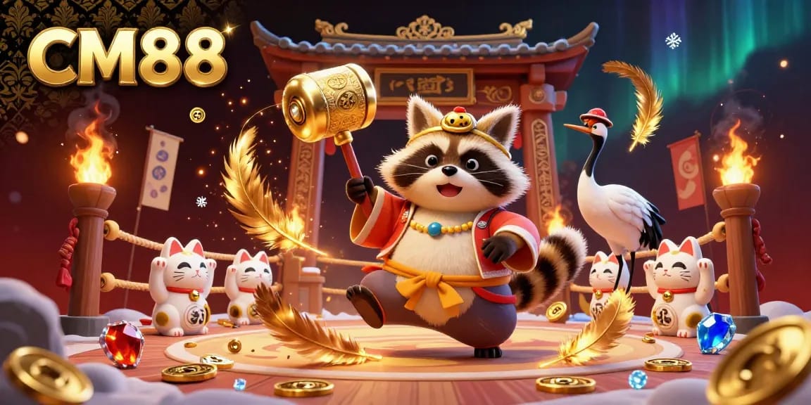 Experience the exciting CM88 gaming atmosphere with lucky tanuki, crane, and maneki-neko characters in a vibrant online casino scene.