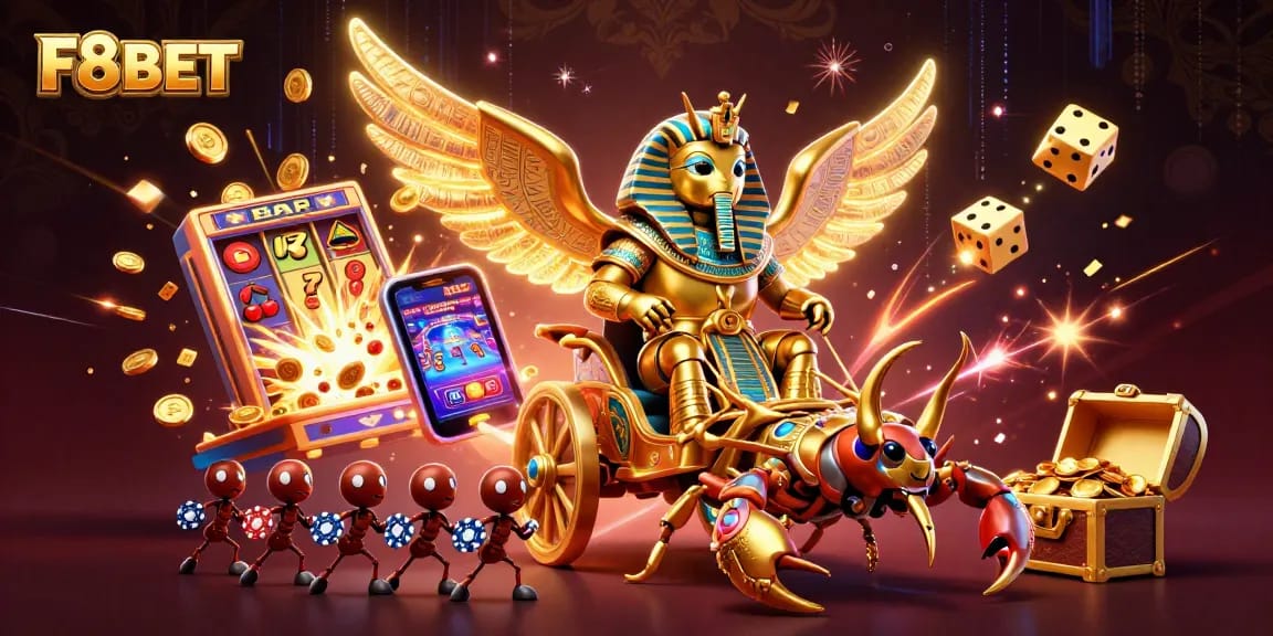 Experience F8BET's thrilling casino action with vibrant 3D illustration of gaming elements and characters.