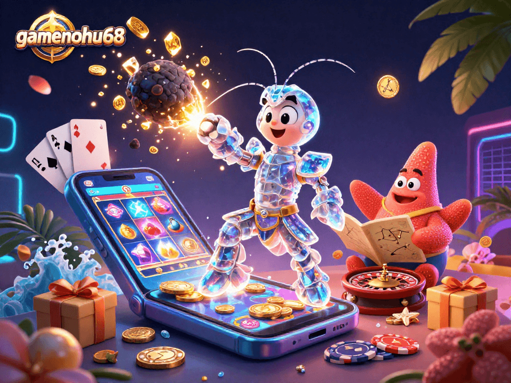 Experience the excitement of gamenohu68 casino with vibrant characters and thrilling games in a dynamic scene.