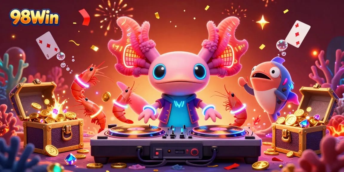 Experience exciting gameplay at 98Win with vibrant axolotl DJ and treasure-filled underwater party.