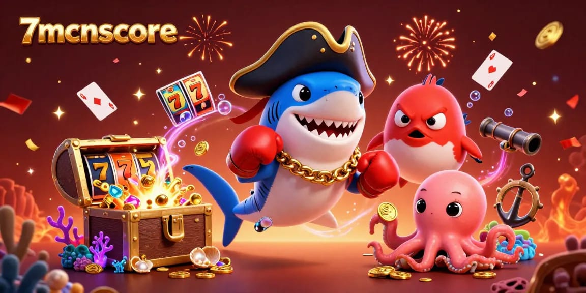 Engage in thrilling gameplay at 7mcnscore with cartoon characters enjoying slot machines and treasures!