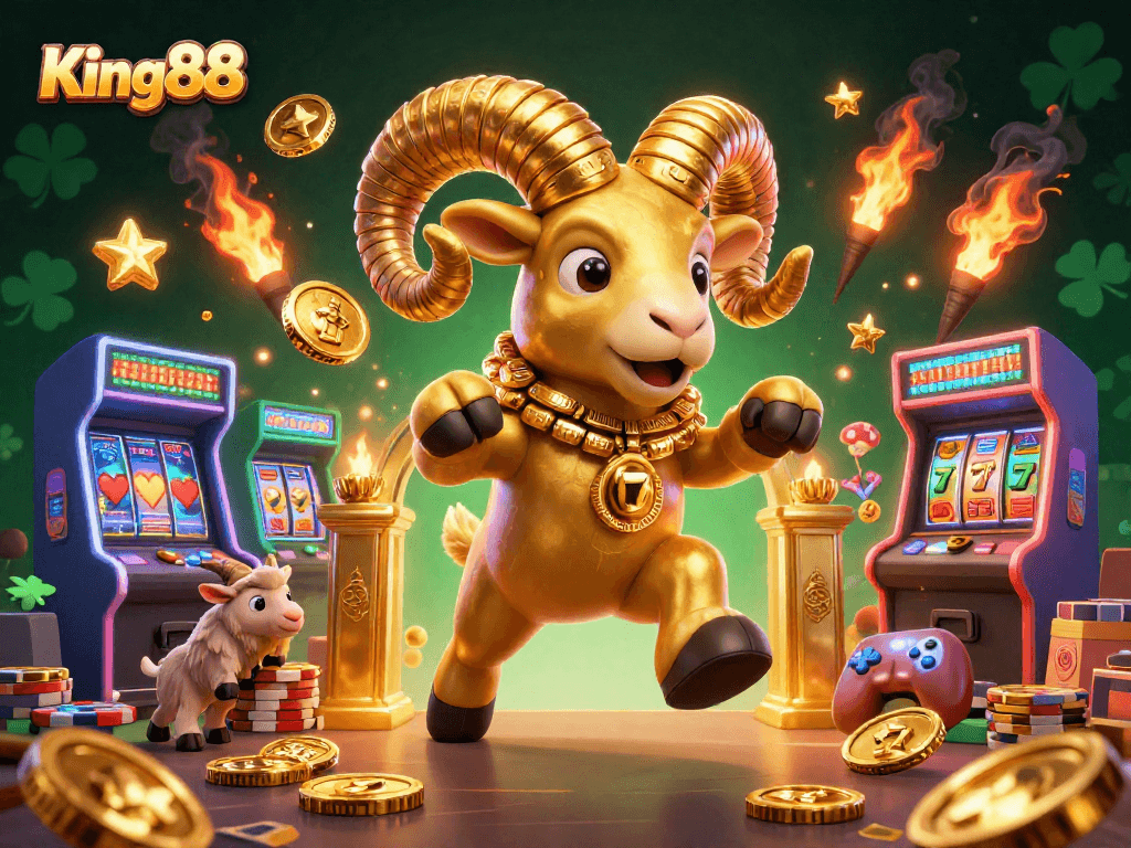 Experience King88's thrilling atmosphere with a golden ram charging through dazzling casino elements.