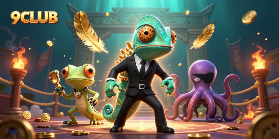 Experience the excitement of 9CLUB with this dynamic 3D casino scene featuring vibrant characters and rich details.
