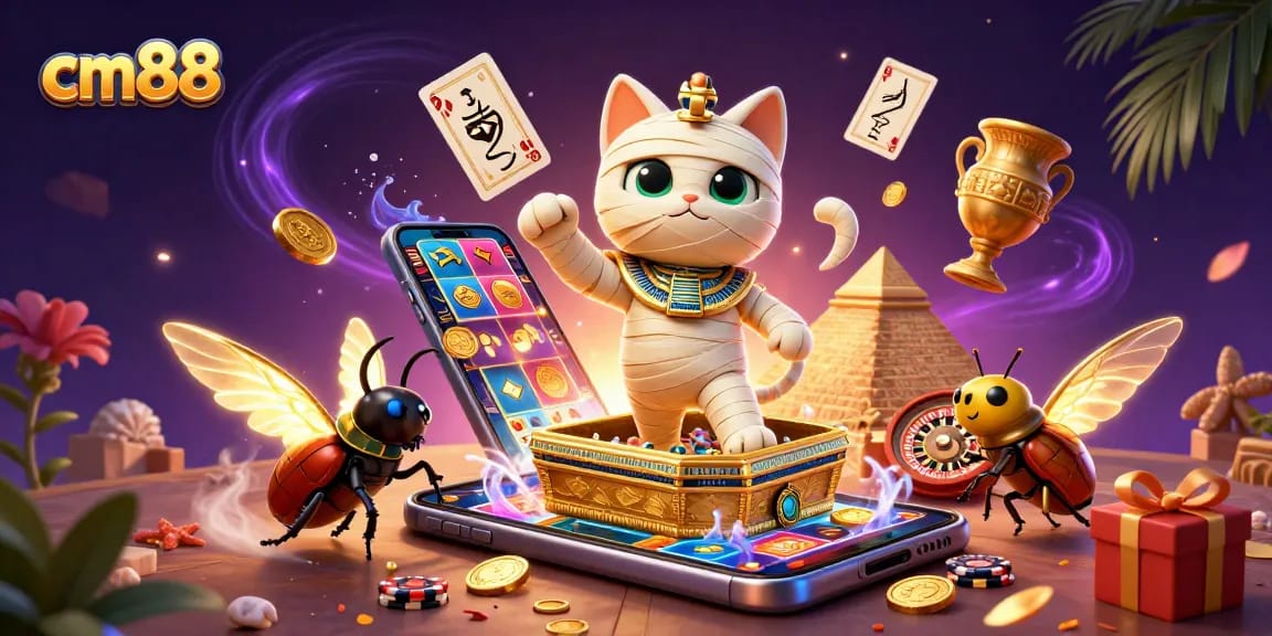 Engage in thrilling slots with cm88 featuring a magical mummy cat and dynamic casino elements.