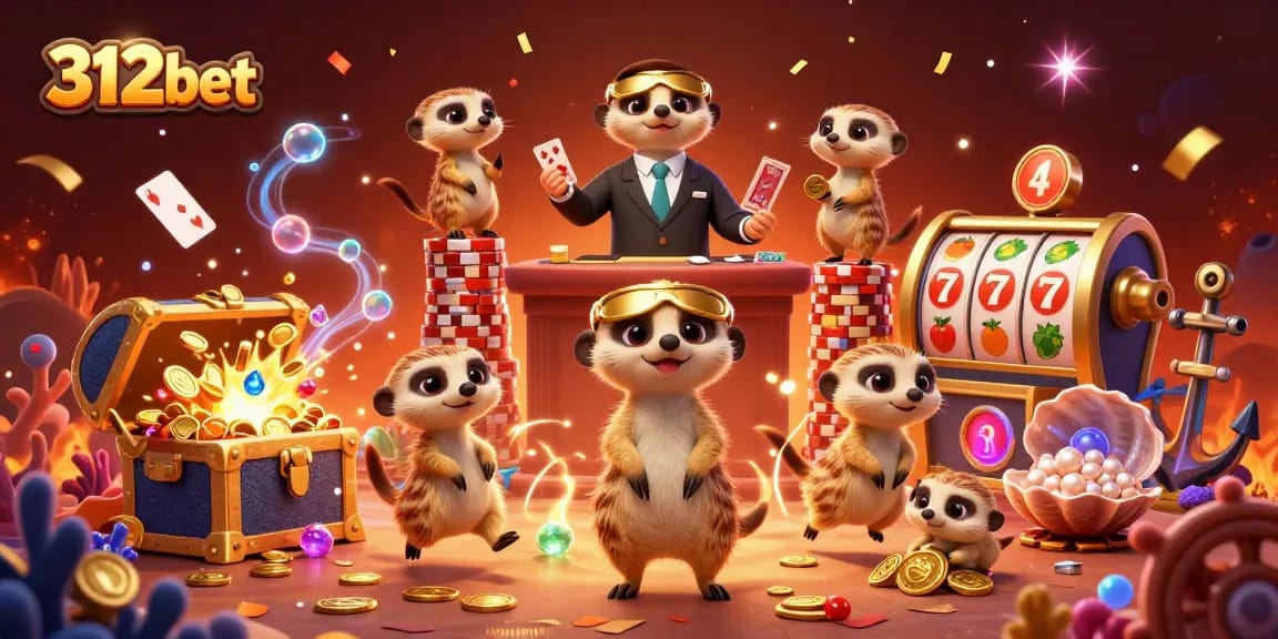 A cartoon meerkat casino scene with 312bet highlights and dynamic slot machine elements.