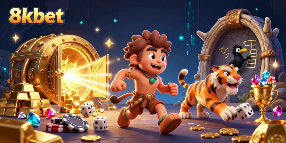 Experience the thrill of 8xbet with a playful caveman and tiger duo in a vibrant prehistoric casino scene.