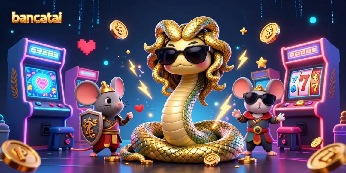 Engage in the vibrant bancatai casino scene featuring Medusa, gaming elements, and golden decorations.