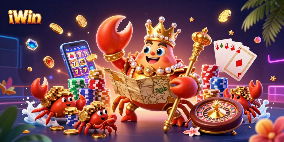 Experience iWin's exciting casino adventure with a golden crab emperor and treasure-filled scene.