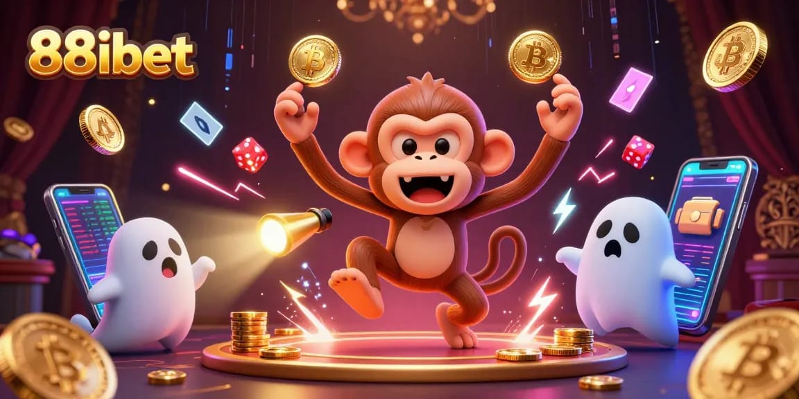 Experience the fun at 88ibet, where a playful monkey juggles golden casino tokens amidst a vibrant gaming backdrop.