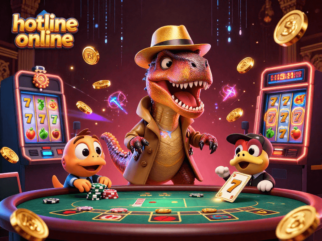 Experience exciting plays in hotline online with a dynamic scene featuring a velociraptor at a casino table.