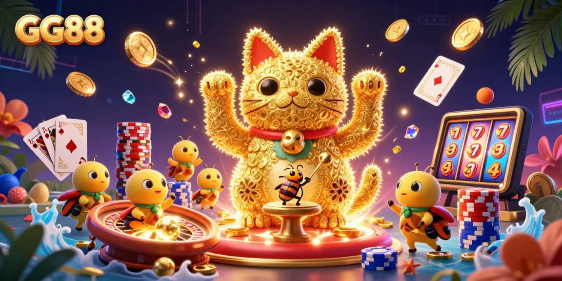 Experience GG88's vibrant online casino scene with a lucky cat and dazzling casino symbols.