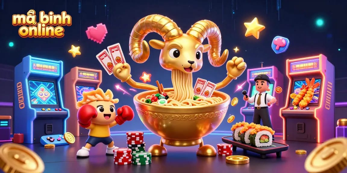 Engage with mậu binh online gameplay featuring vibrant characters like a ramen dealer and bright arcade elements.
