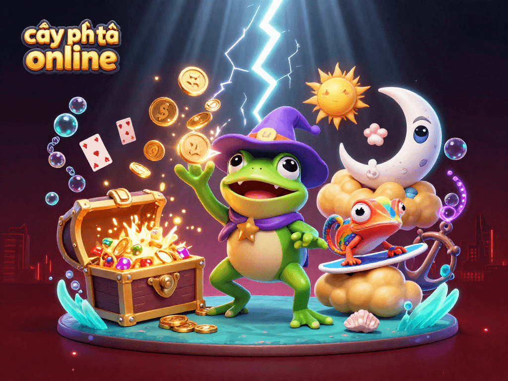 Engage with the excitement of cây phát tài online as golden coins and gaming elements burst from a dynamic 3D scene.