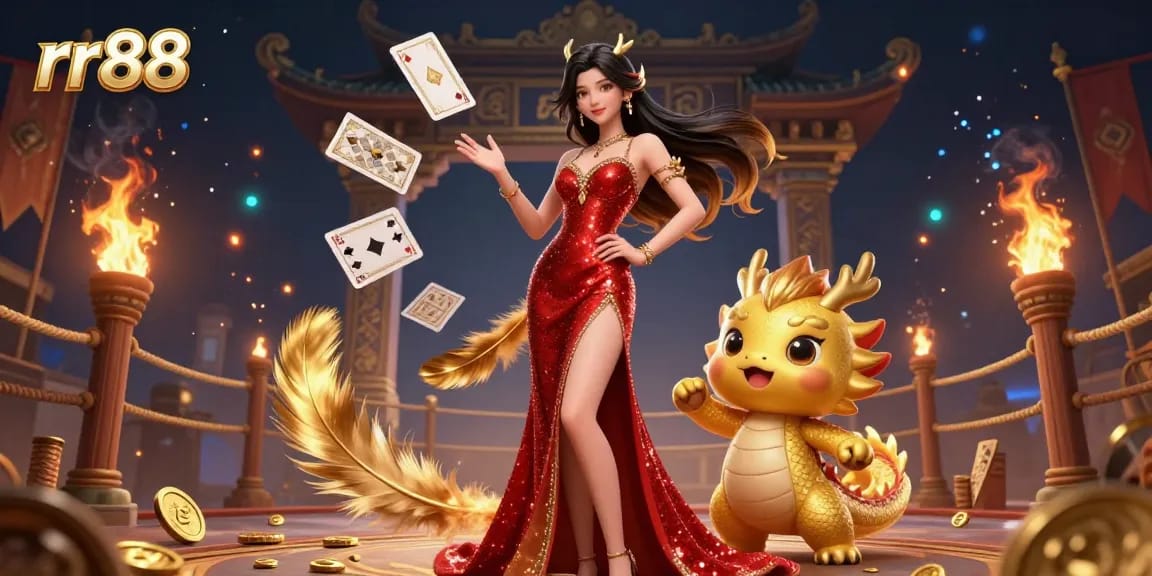 Engaging players in exciting games at rr88 with a stunning Asian hostess and a golden dragon, offering an immersive casino experience.
