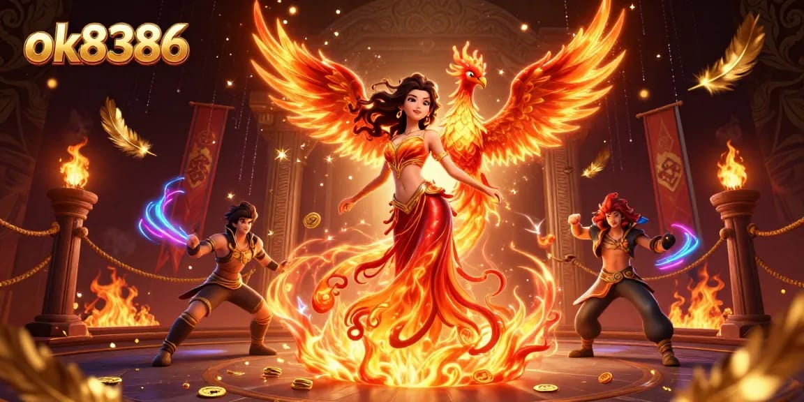 ok8386 captivates with a photorealistic Asian woman and phoenix, evoking a thrilling gaming atmosphere.