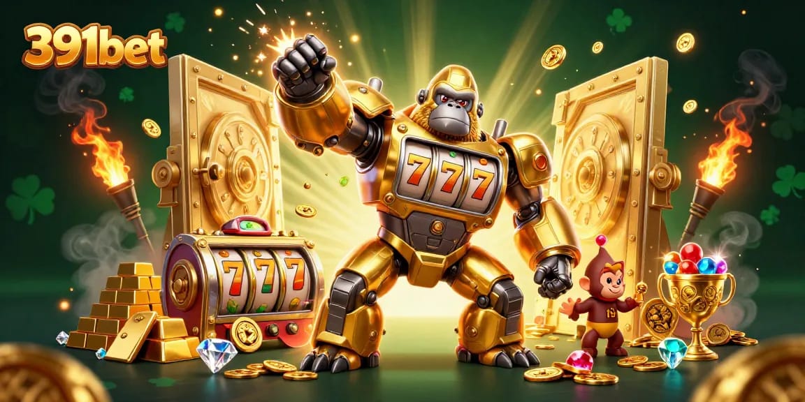 Engage in thrilling gameplay at 391bet with a vibrant 3D illustration of a golden gorilla mech amidst treasures.