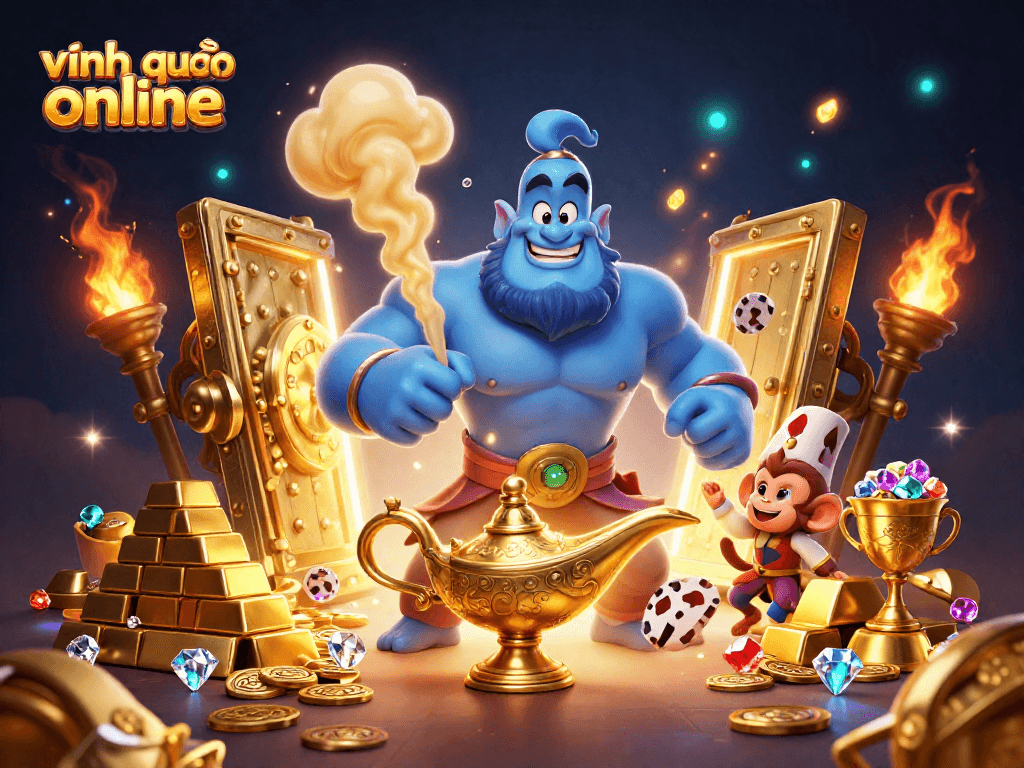 Engage in thrilling gameplay with vĩnh xuân online, featuring a magical genie, treasure vaults, and casino elements.