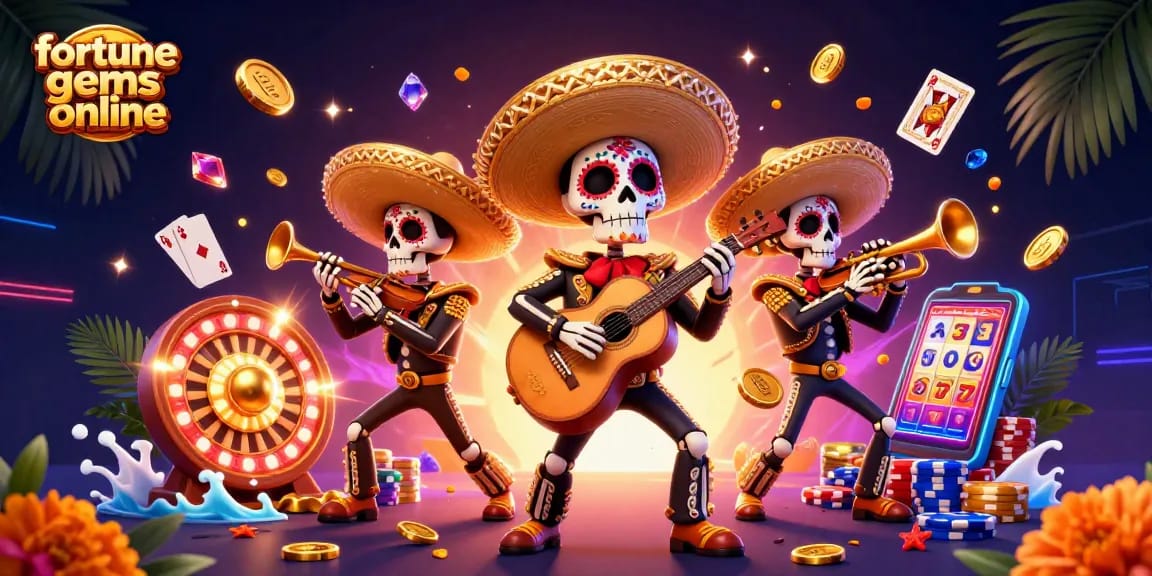 Experience fortune gems online with a lively 3D mariachi band amidst sparkling gems and coins.