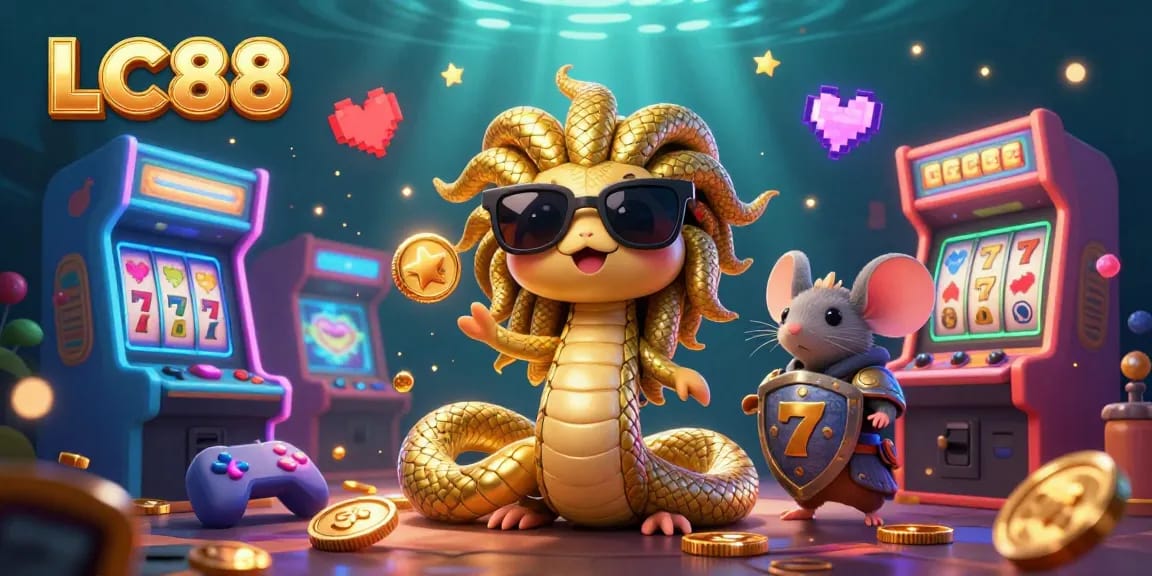 Engage with LC88's vibrant casino scene featuring Medusa and a warrior mouse amidst golden jackpots and arcade excitement.