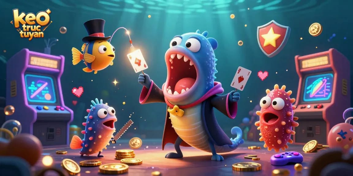 The lively scene showcases a bioluminescent gulper eel performing card tricks, representing keo truc tuyen, amidst vibrant casino-themed visuals.