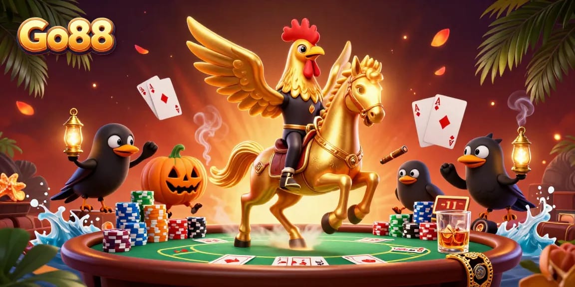Experience thrilling gameplay at Go88, featuring a golden rooster in a vibrant midnight casino scene.