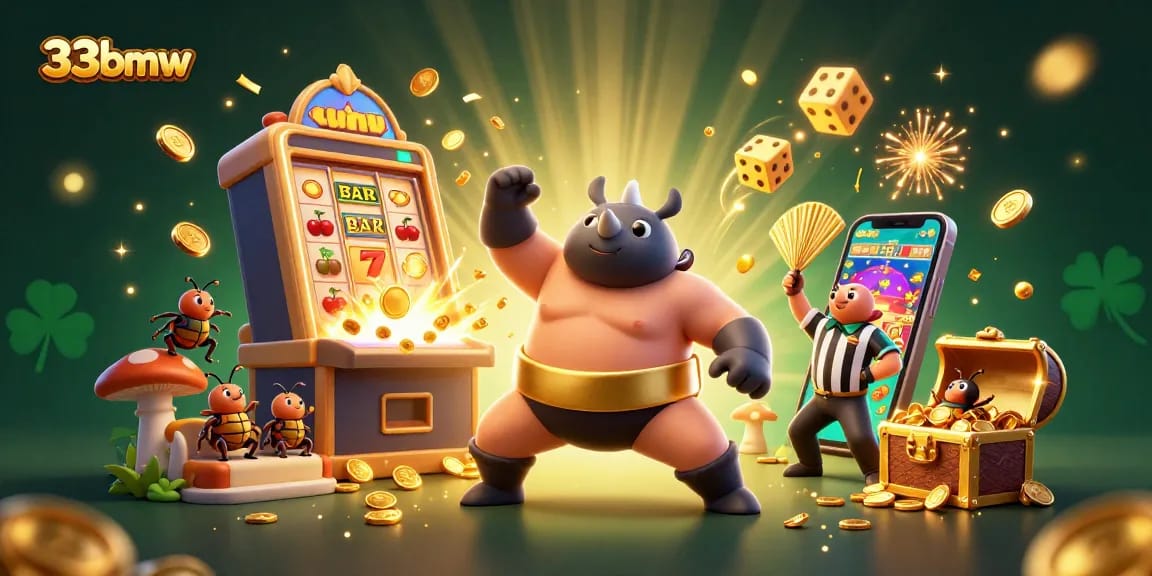 Experience the thrill of 33bmw as a rhinoceros beetle champion sends coins flying in a dynamic casino scene.